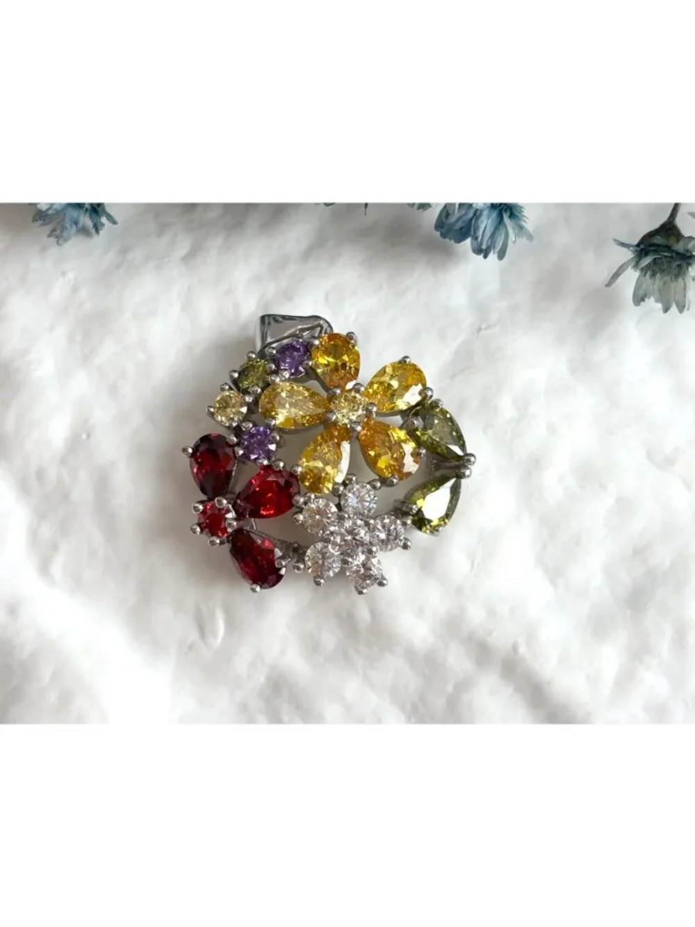 Floral Rainbow Peridot, Citrine, Garnet & CZ Gemstone Vintage Pendant | Charm
